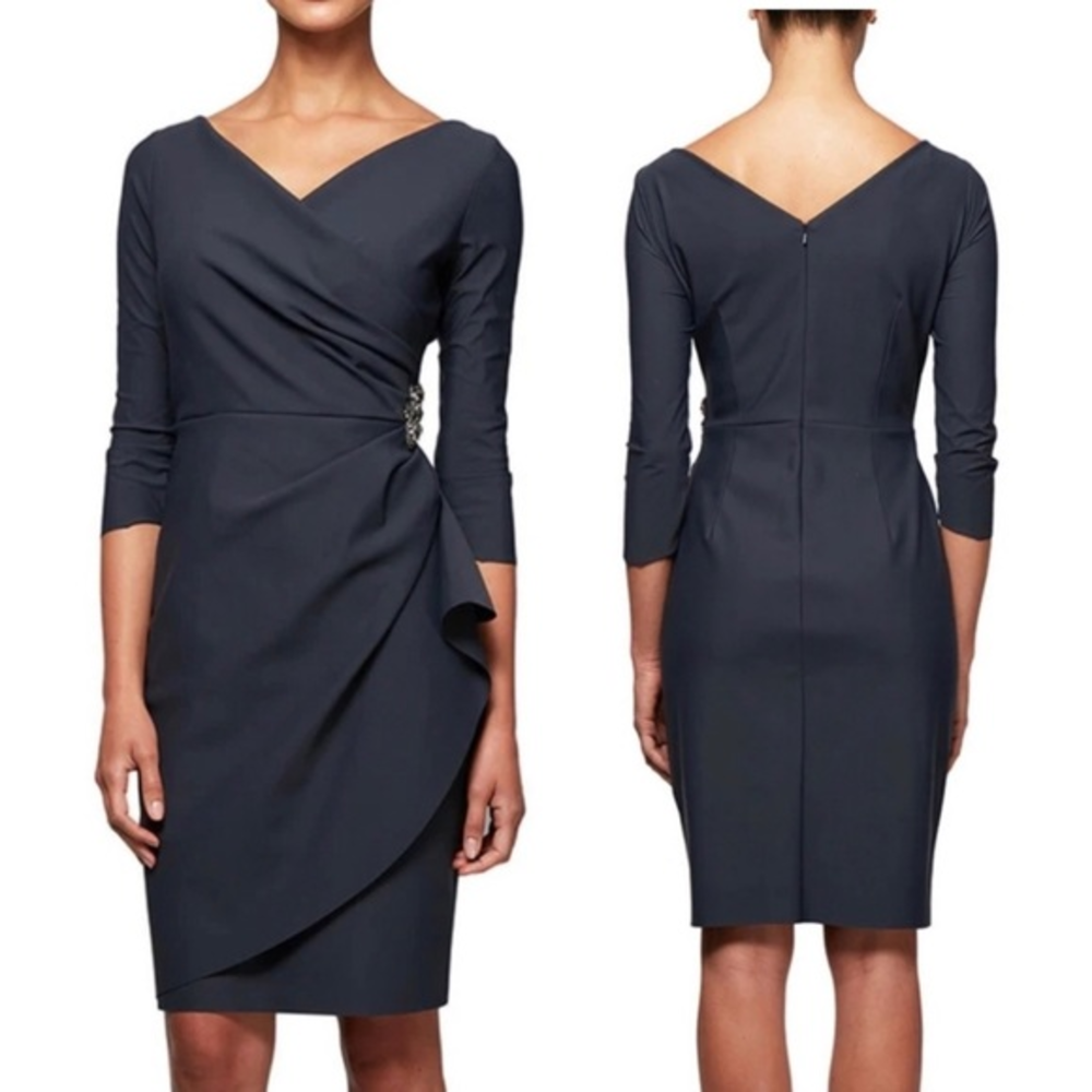🌼 'ALEX EVENINGS Compression Surplice Sheath‎ Dress w/Beaded Hip  Size-16